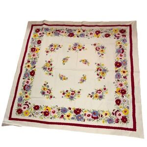 Vintage Wilendur MCM Cloth Tablecloth 48.5x52 Inch Red Blue Yellow Flowers READ